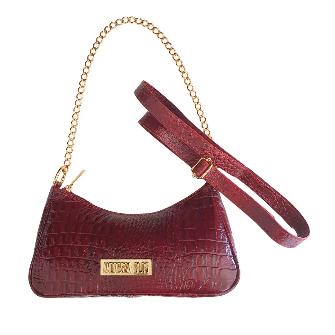 Bolsa Paris Couro Legítimo Marsala Croco Pequena Corrente Dourada Alça de Mão e Tiracolo Removível