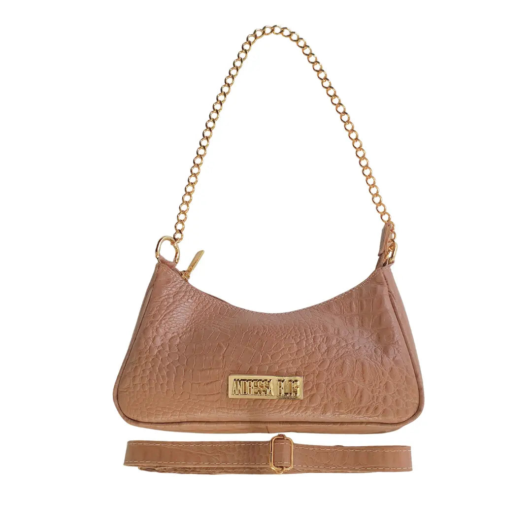 Bolsa Paris Couro Legítimo Nude Croco Pequena Corrente Dourada Alça de Mão e Tiracolo Removível