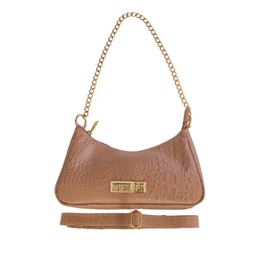 Bolsa Paris Couro Legítimo Nude Croco Pequena Corrente Dourada Alça de Mão e Tiracolo Removível