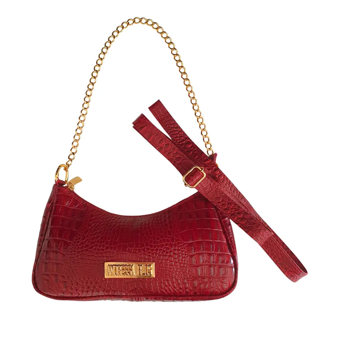 Bolsa Couro Legítimo Vermelho Croco Pequena Corrente Dourada Alça de Mão e Tiracolo Removível Modelo Paris