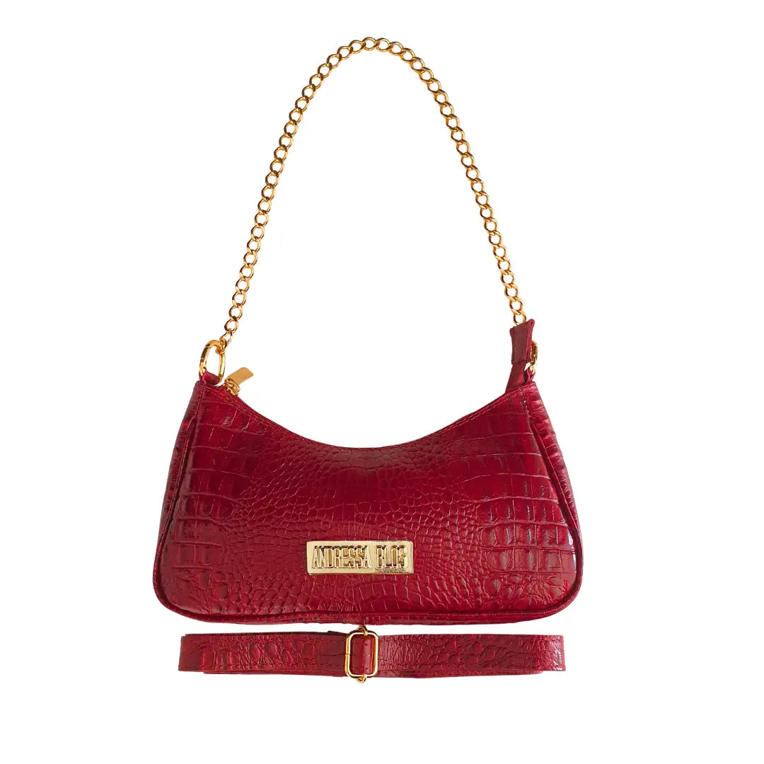 Bolsa Paris Couro Legítimo Vermelho Croco Pequena Corrente Dourada Alça de Mão e Tiracolo Removível