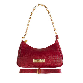 Bolsa Paris Couro Legítimo Vermelho Croco Pequena Corrente Dourada Alça de Mão e Tiracolo Removível
