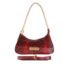 Bolsa Couro Legítimo Vermelho Cobra Pequena Corrente Dourada Alça de Mão e Tiracolo Removível Modelo Paris