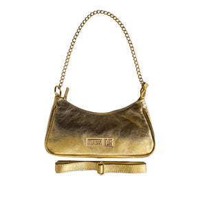 Bolsa Couro Legítimo Dourado Pequena Corrente Dourada Alça de Mão e Tiracolo Removível Modelo Paris