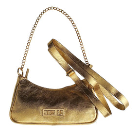 Bolsa Couro Legítimo Dourado Pequena Corrente Dourada Alça de Mão e Tiracolo Removível Modelo Paris