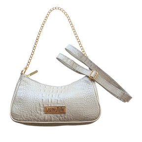 Bolsa Couro Legítimo Off White Croco Pequena Corrente Dourada Alça de Mão e Tiracolo Removível Modelo Paris