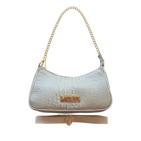 Bolsa Couro Legítimo Off White Croco Pequena Corrente Dourada Alça de Mão e Tiracolo Removível Modelo Paris