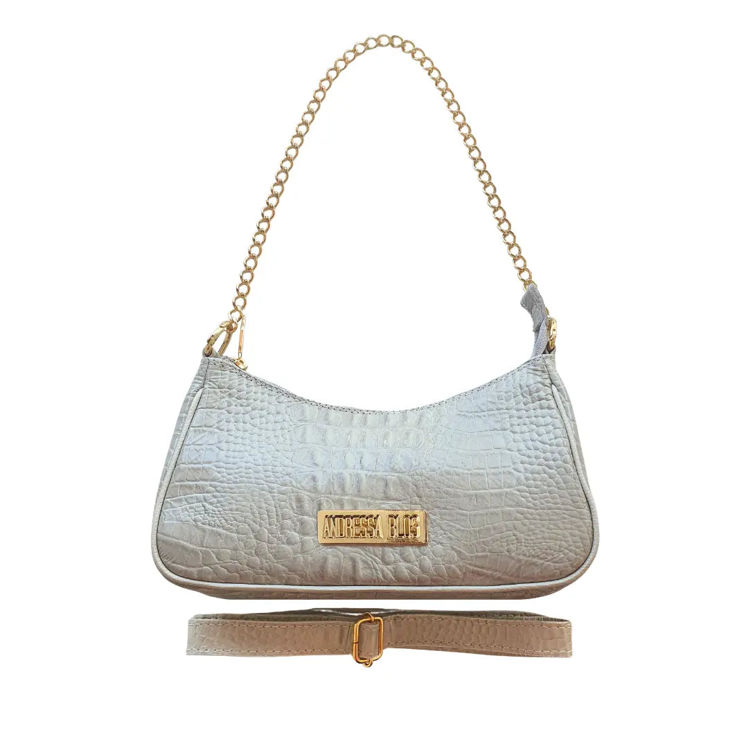 Bolsa Paris Couro Legítimo Off White Croco Pequena Corrente Dourada Alça de Mão e Tiracolo Removível