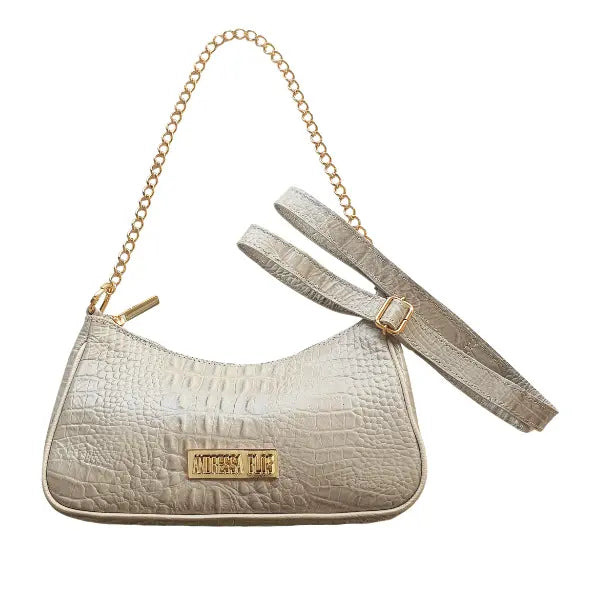 Bolsa Paris Couro Legítimo Off White Croco Pequena Corrente Dourada Alça de Mão e Tiracolo Removível