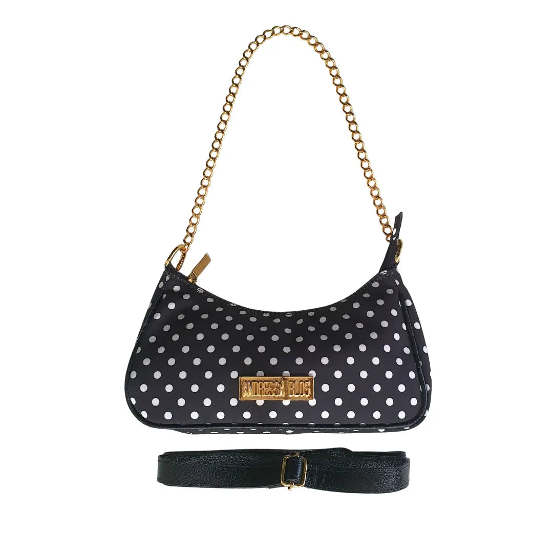 Bolsa Preto Poá Pequena Corrente Dourada Com Alça de Mão e Tiracolo Removível Modelo Paris