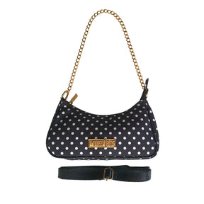 Bolsa Preto Poá Pequena Corrente Dourada Com Alça de Mão e Tiracolo Removível Modelo Paris