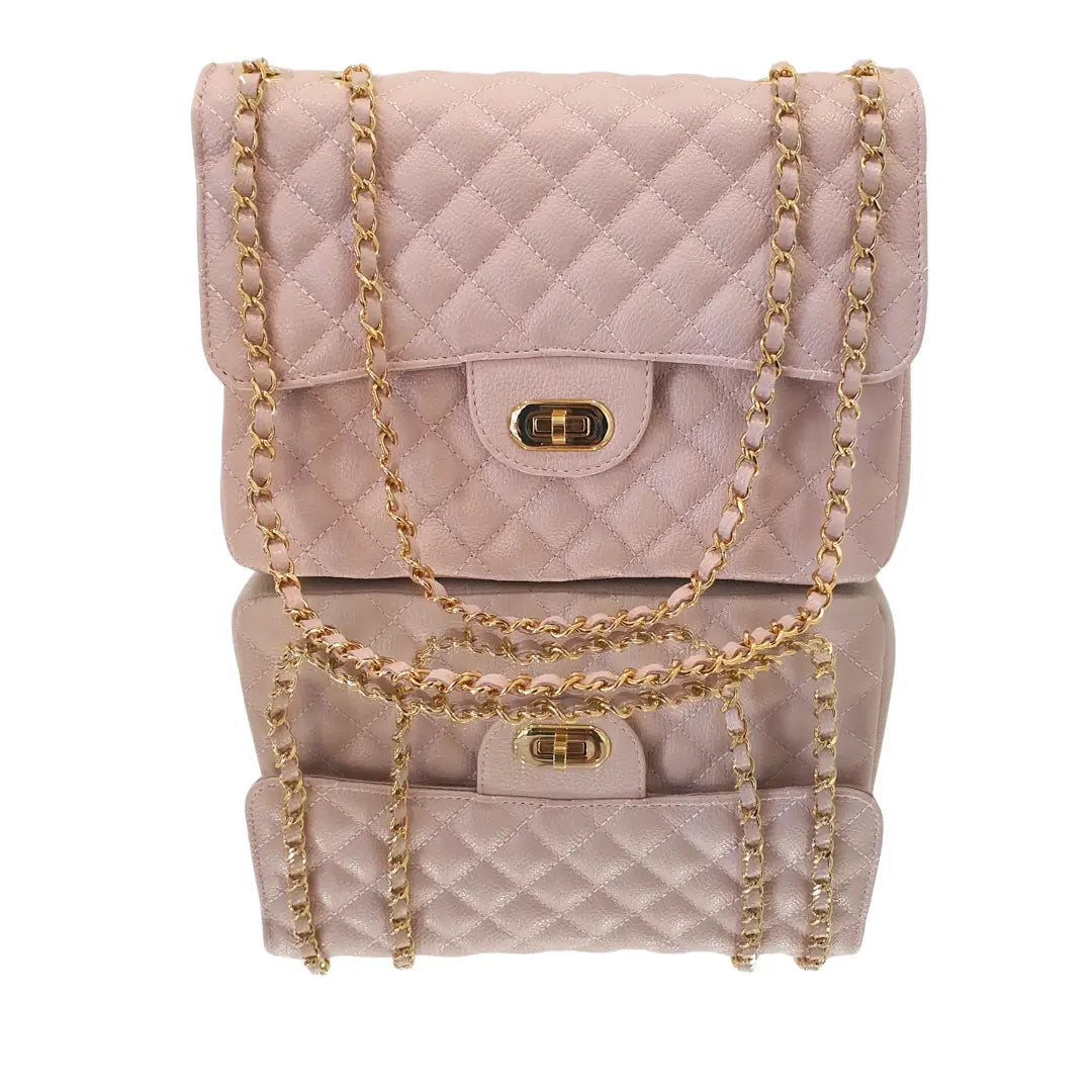 Bolsa Veneza Couro Legítimo Rosa Claro Floater Matelassê Com Alça de Corrente Ajustável