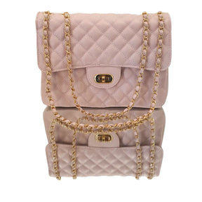 Bolsa Veneza Couro Legítimo Rosa Claro Floater Matelassê Com Alça de Corrente Ajustável
