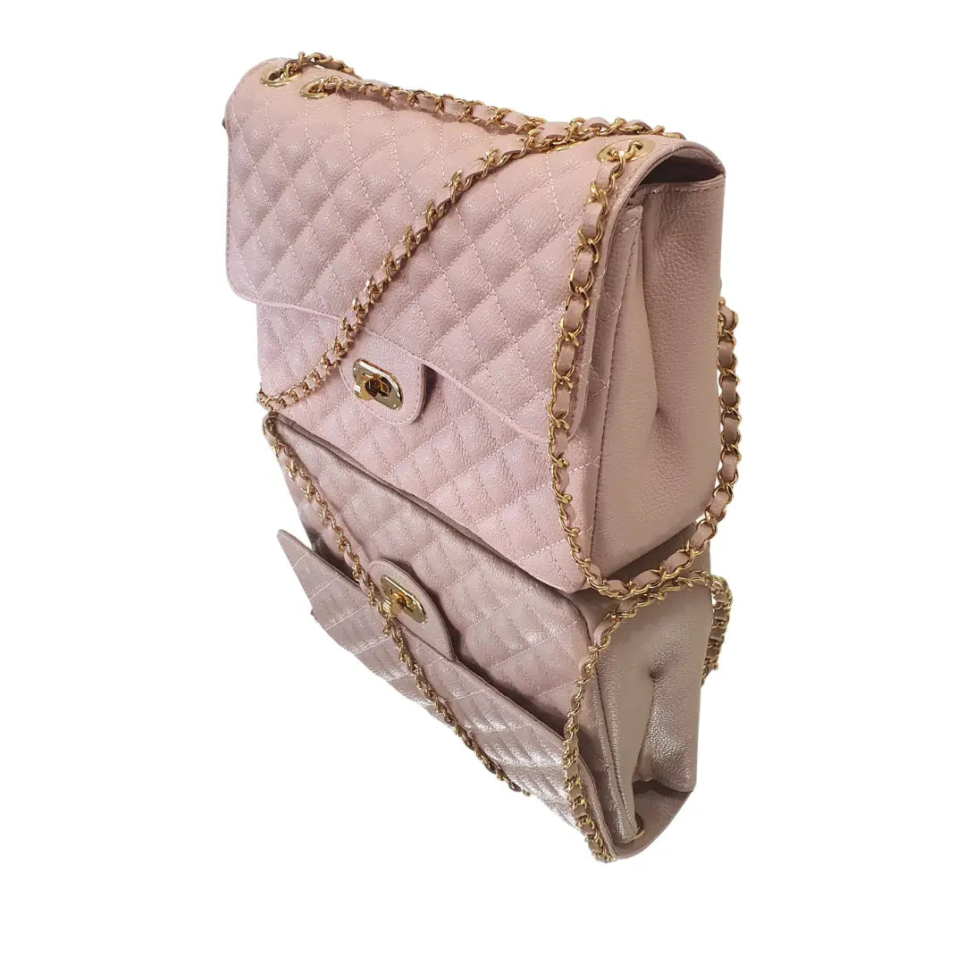 Bolsa Veneza Couro Legítimo Rosa Claro Floater Matelassê Com Alça de Corrente Ajustável