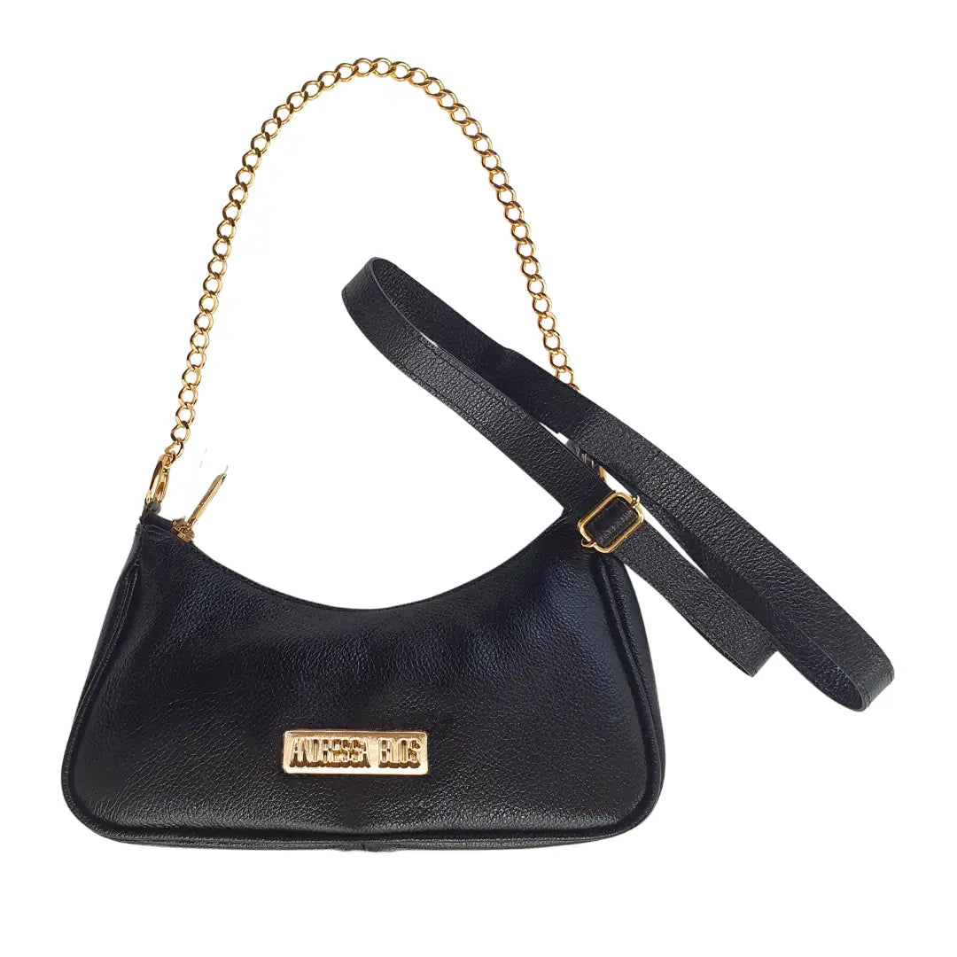 Bolsa Couro Legítimo Preto Fosco Pequena Corrente Dourada Alça de Mão e Tiracolvível Modelo Pariso Remo