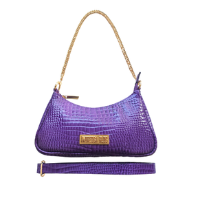 Bolsa Paris Couro Legítimo Roxo Croco Verniz Pequena Corrente Dourada Alça de Mão e Tiracolo Removível
