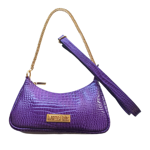 Bolsa Paris Couro Legítimo Roxo Croco Verniz Pequena Corrente Dourada Alça de Mão e Tiracolo Removível