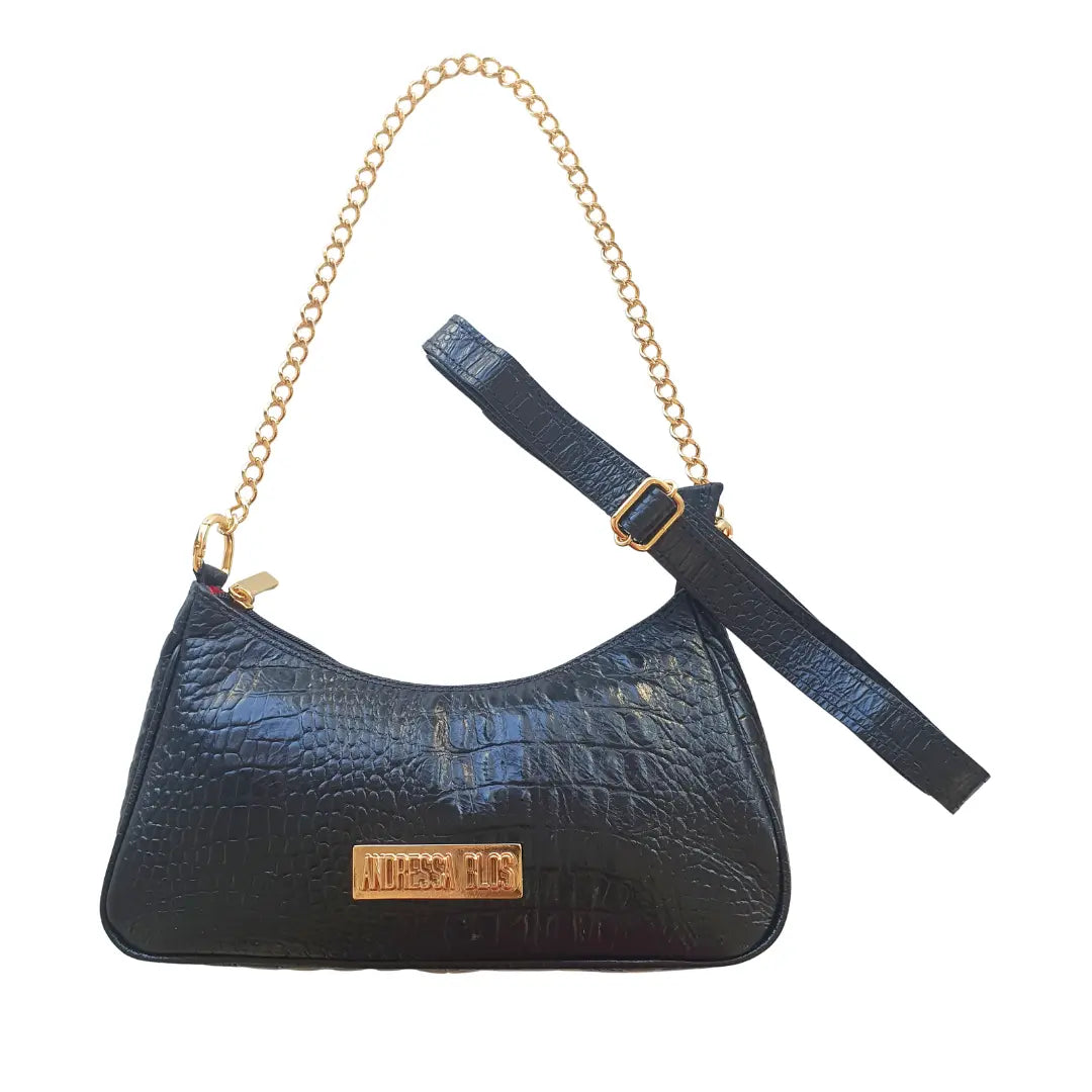 Bolsa Couro Legítimo Preto Croco Pequena Corrente Dourada Alça de Mão e Tiracolo Removível Modelo Paris