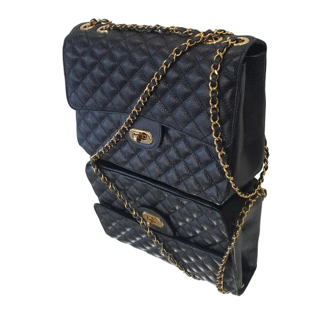 Bolsa Veneza Couro Legítimo Preto Floater Matelassê Com Alça de Corrente Ajustável
