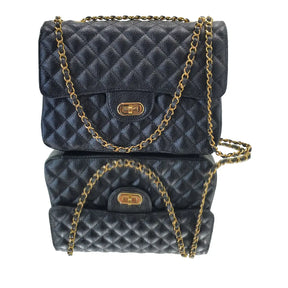 Bolsa Veneza Couro Legítimo Preto Floater Matelassê Com Alça de Corrente Ajustável