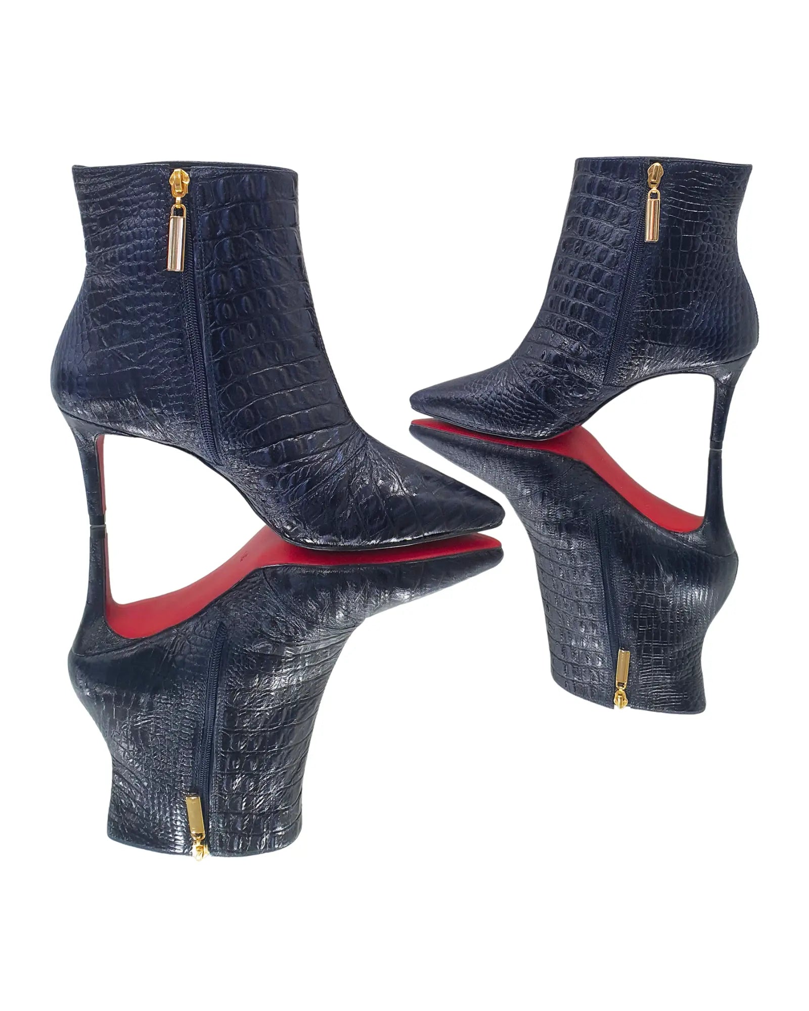 Bota Couro Legítimo Azul Marinho Croco Salto Médio 8cm Sola Vermelha