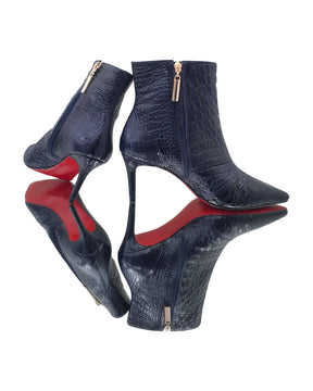 Bota Couro Legítimo Azul Marinho Croco Salto Médio 8cm Sola Vermelha