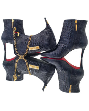 Bota Couro Legítimo Azul Marinho Croco Salto Médio 8cm Sola Vermelha