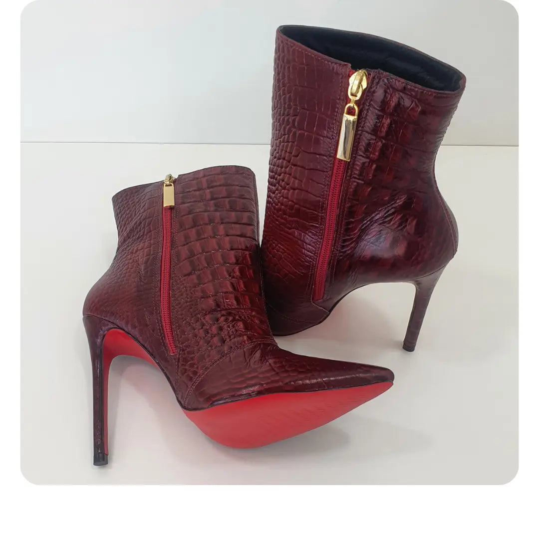 Bota Couro Legítimo Marsala Croco Salto Alto 12cm Sola Vermelha
