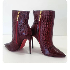 Bota Couro Legítimo Marsala Croco Salto Alto 12cm Sola Vermelha