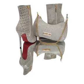 Bota Couro Legítimo Off White Croco Salto Alto 12cm Sola Vermelha