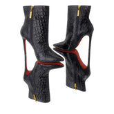 Bota Couro Legítimo Preto Croco Salto Alto 12cm Sola Vermelha