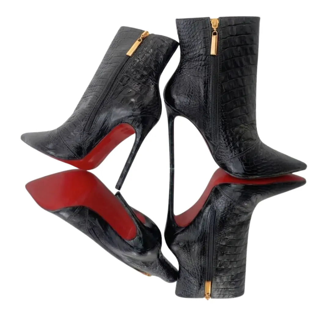 Bota Couro Legítimo Preto Croco Salto Alto 12cm Sola Vermelha