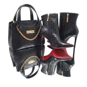 Bota Couro Legítimo Preto Croco Salto Alto 12cm Sola Vermelha