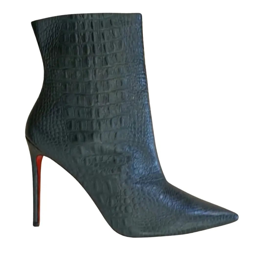 Bota Couro Legítimo Verde Militar Croco Salto Alto 12cm Sola Vermelha