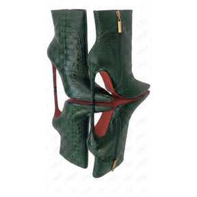 Bota Couro Legítimo Verde Militar Croco Salto Alto 12cm Sola Vermelha