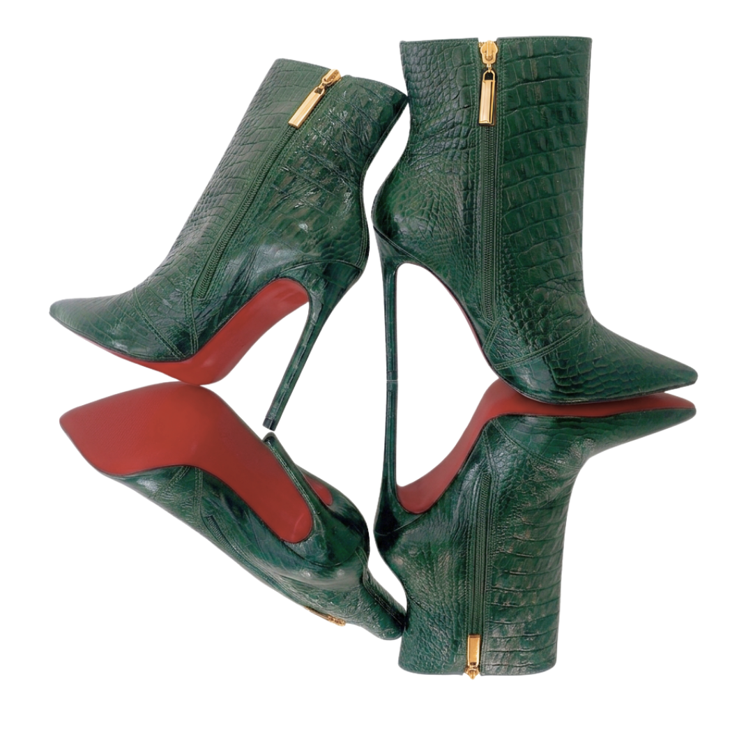 Bota Couro Legítimo Verde Militar Croco Salto Alto 12cm Sola Vermelha