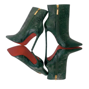 Bota Couro Legítimo Verde Militar Croco Salto Alto 12cm Sola Vermelha