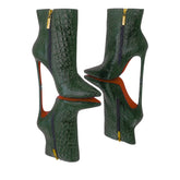 Bota Couro Legítimo Verde Militar Croco Salto Alto 12cm Sola Vermelha