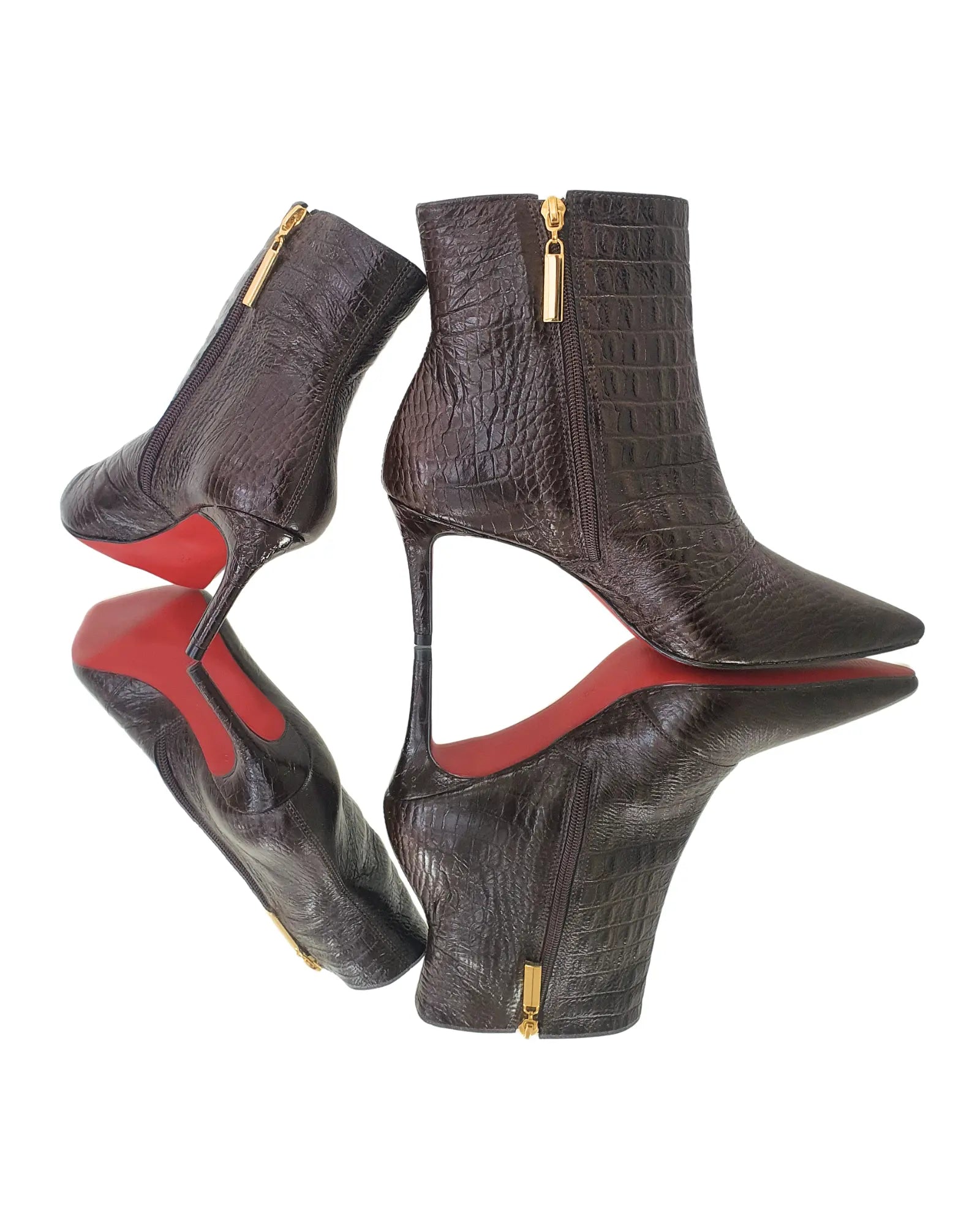 Bota Couro Legítimo Marrom Café Croco Salto Alto 8cm Sola Vermelha