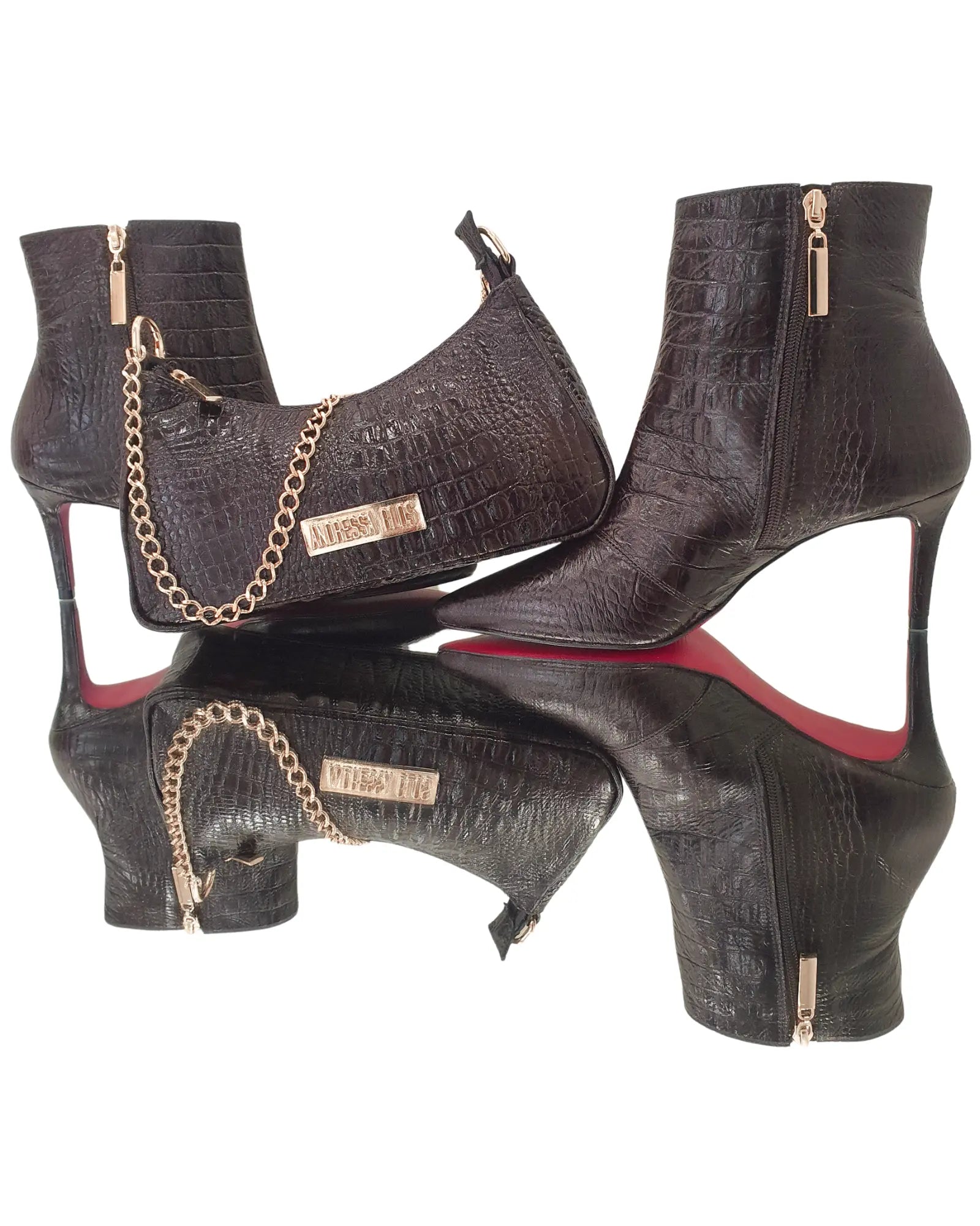 Bota Couro Legítimo Marrom Café Croco Salto Alto 8cm Sola Vermelha