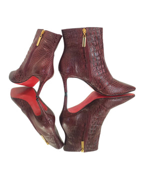 Bota Couro Legítimo Marsala Croco Salto Médio 8cm Sola Vermelha
