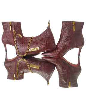 Bota Couro Legítimo Marsala Croco Salto Médio 8cm Sola Vermelha