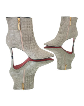 Bota Couro Legítimo Off White Croco Salto Médio 8cm Sola Vermelha