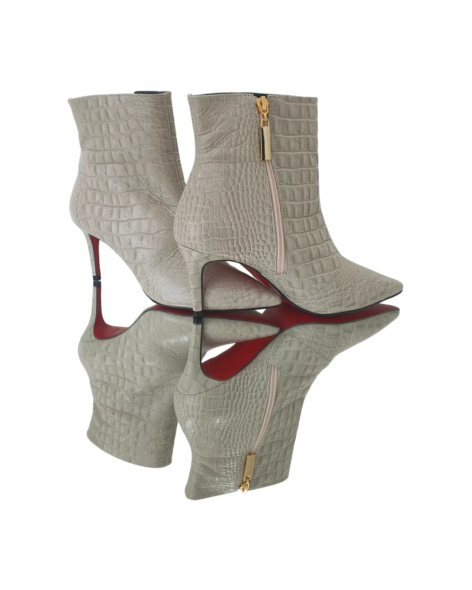Bota Couro Legítimo Off White Croco Salto Médio 8cm Sola Vermelha