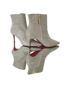Bota Couro Legítimo Off White Croco Salto Médio 8cm Sola Vermelha