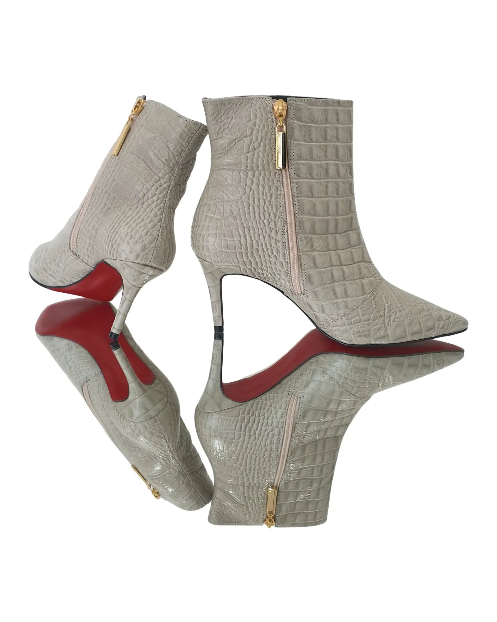 Bota Couro Legítimo Off White Croco Salto Médio 8cm Sola Vermelha