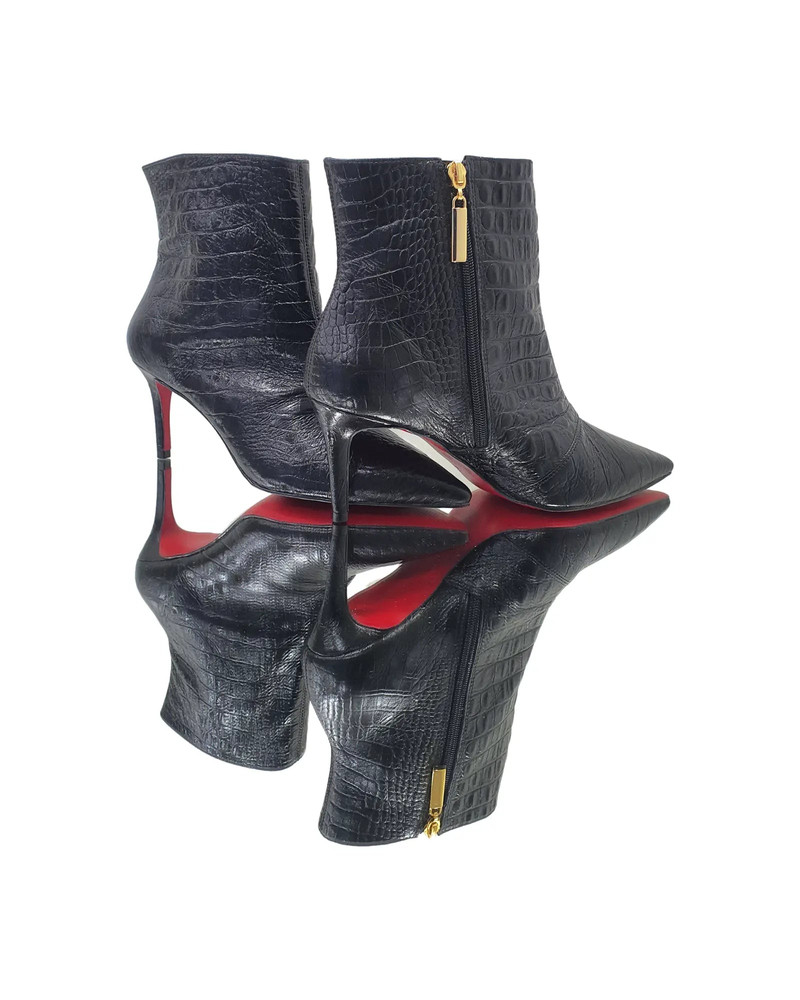 Bota Couro Legítimo Preto Croco Salto Médio 8cm Sola Vermelha