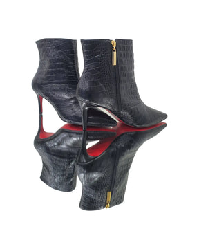 Bota Couro Legítimo Preto Croco Salto Médio 8cm Sola Vermelha