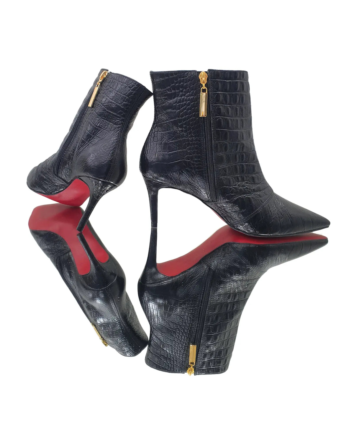 Bota Couro Legítimo Preto Croco Salto Médio 8cm Sola Vermelha