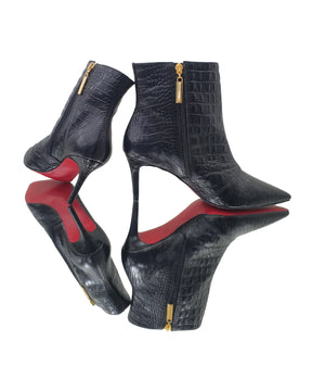 Bota Couro Legítimo Preto Croco Salto Médio 8cm Sola Vermelha